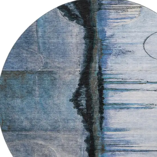 8' Blue And Charcoal Abstract Washable Round Rug With UV Protection Photo 3
