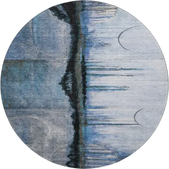 8' Blue And Charcoal Abstract Washable Round Rug With UV Protection Photo 1