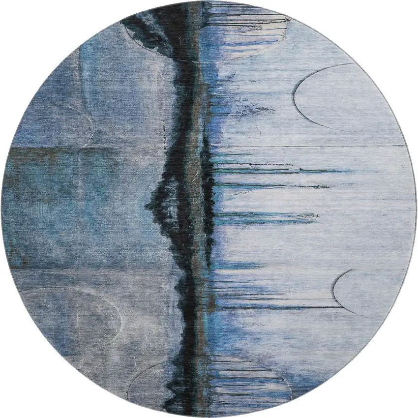 8' Blue And Charcoal Abstract Washable Round Rug With UV Protection Photo 1