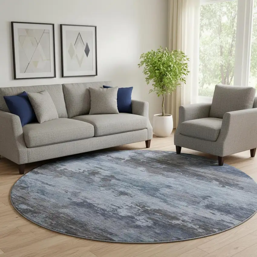 8' Blue And Charcoal Abstract Washable Round Rug With UV Protection Photo 2