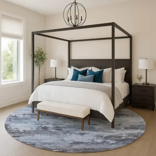 8' Blue And Charcoal Abstract Washable Round Rug With UV Protection Photo 5