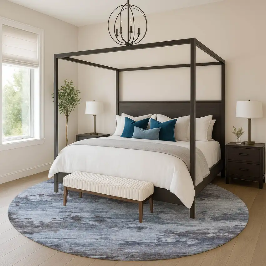 8' Blue And Charcoal Abstract Washable Round Rug With UV Protection Photo 5