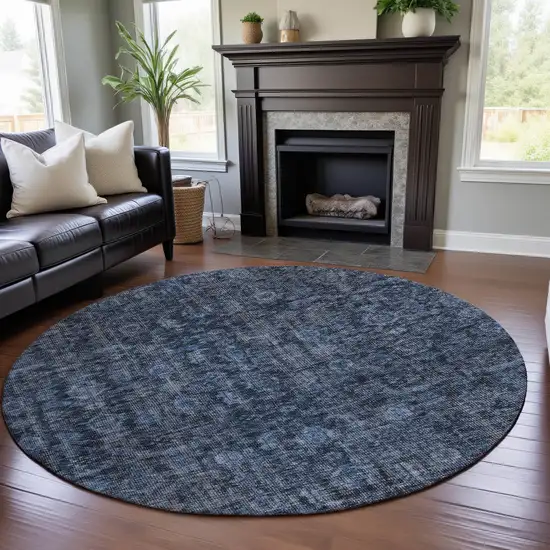 8' Blue And Charcoal Damask Washable Round Rug With UV Protection Photo 4