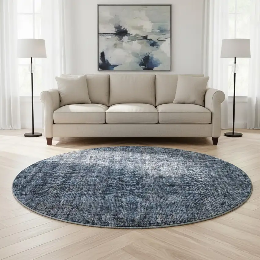 8' Blue And Charcoal Damask Washable Round Rug With UV Protection Photo 2