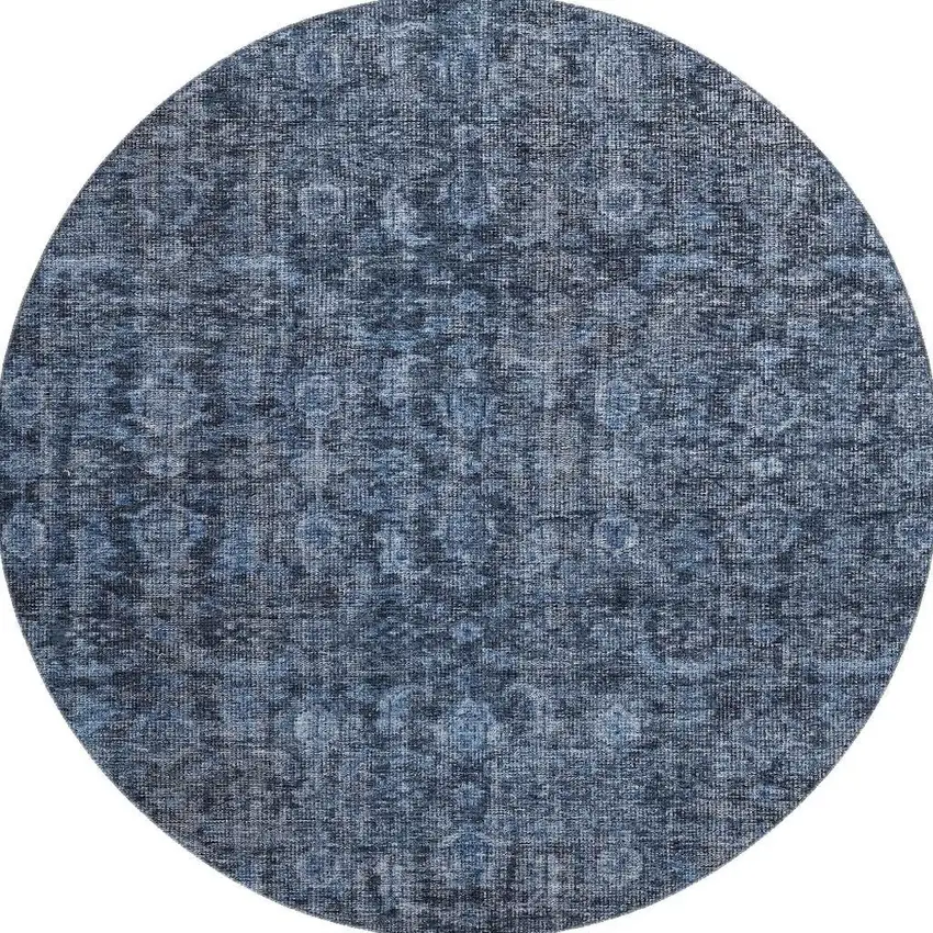 8' Blue And Charcoal Damask Washable Round Rug With UV Protection Photo 3