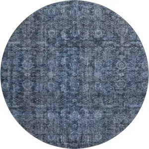 Photo of 8' Blue And Charcoal Damask Washable Round Rug With UV Protection