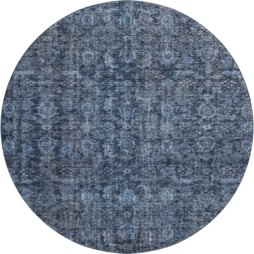 8' Blue And Charcoal Damask Washable Round Rug With UV Protection Photo 1