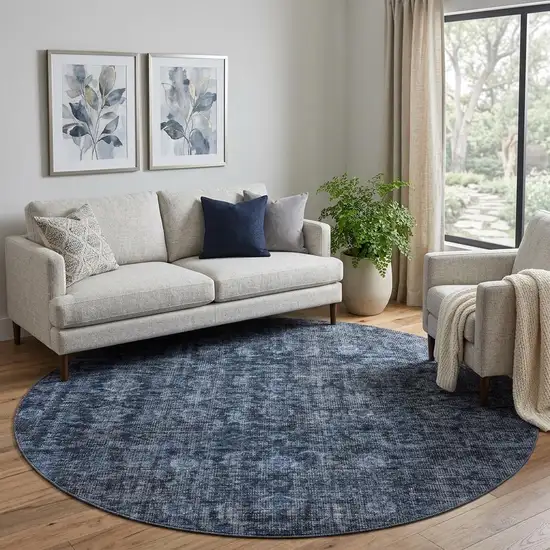 8' Blue And Charcoal Damask Washable Round Rug With UV Protection Photo 1