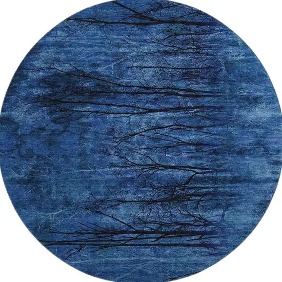 8' Blue And Charcoal Floral Washable Round Rug With UV Protection Photo 4