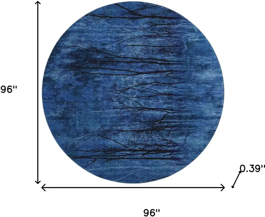 8' Blue And Charcoal Floral Washable Round Rug With UV Protection Photo 8