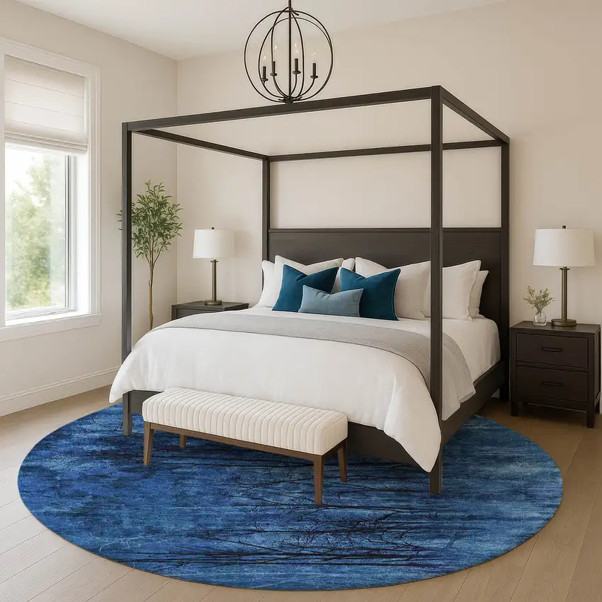 8' Blue And Charcoal Floral Washable Round Rug With UV Protection Photo 5