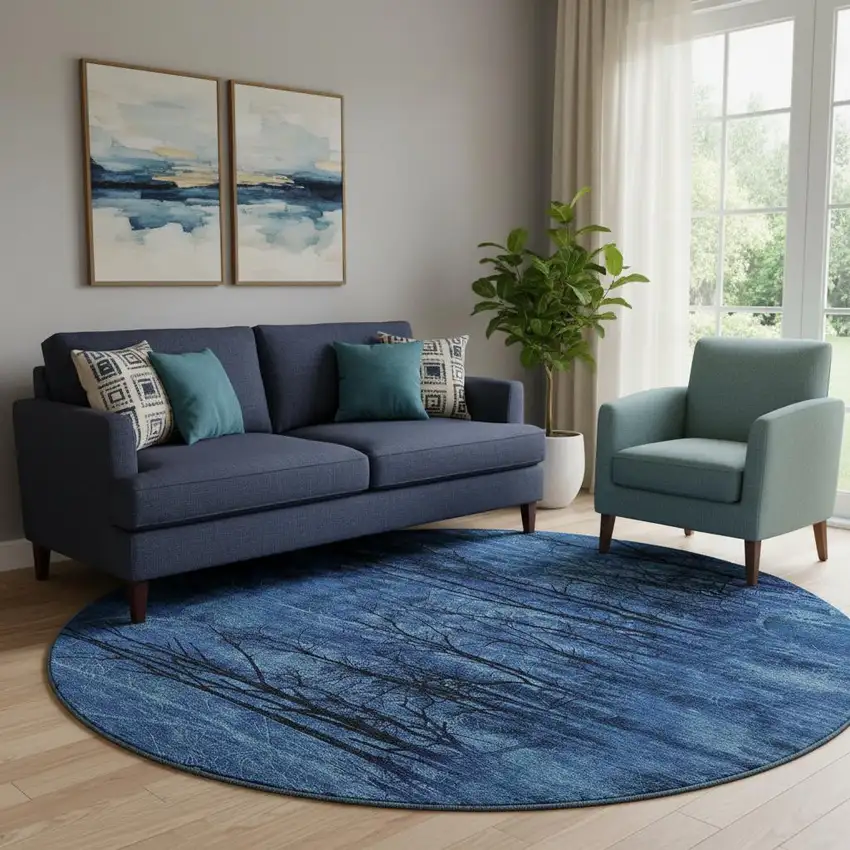 8' Blue And Charcoal Floral Washable Round Rug With UV Protection Photo 2