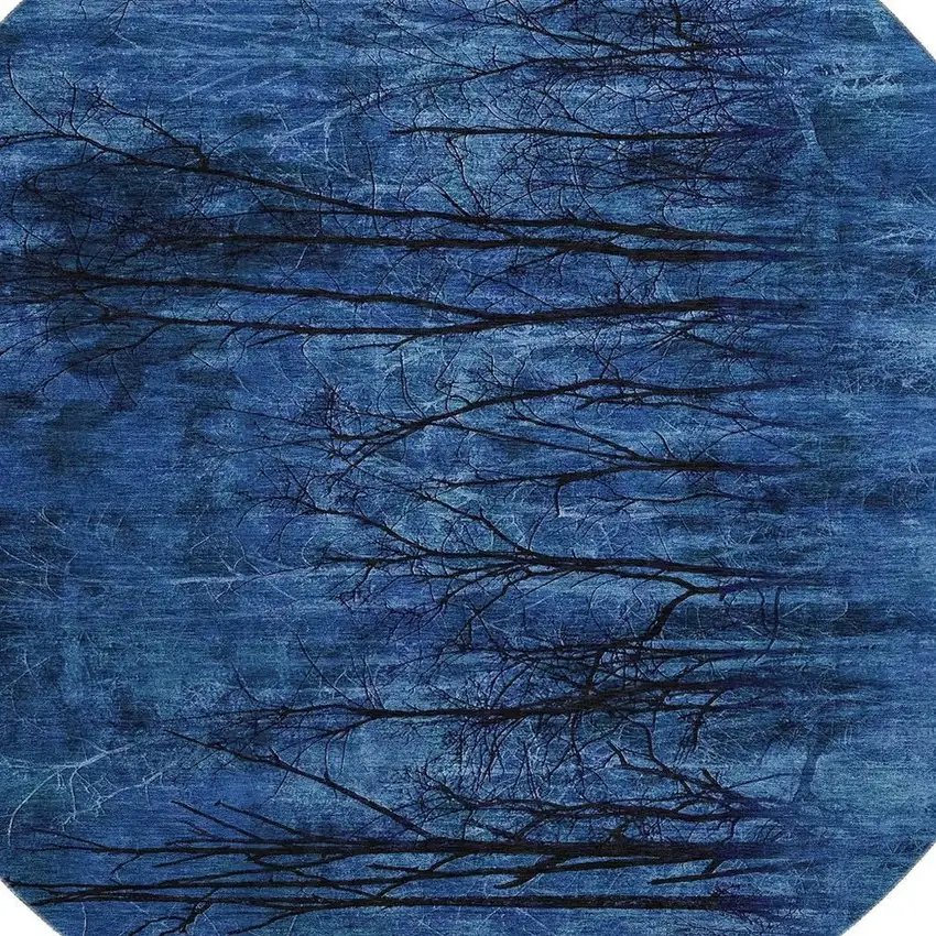 8' Blue And Charcoal Floral Washable Round Rug With UV Protection Photo 3