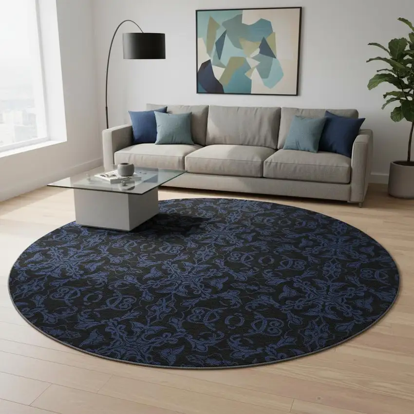 8' Blue And Charcoal Medallion Washable Round Rug With UV Protection Photo 2