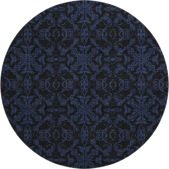 8' Blue And Charcoal Medallion Washable Round Rug With UV Protection Photo 1