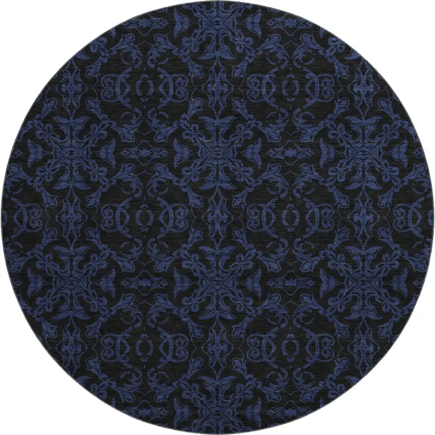 8' Blue And Charcoal Medallion Washable Round Rug With UV Protection Photo 1