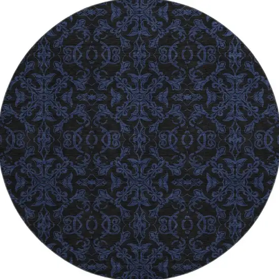 8' Blue And Charcoal Medallion Washable Round Rug With UV Protection Photo 4