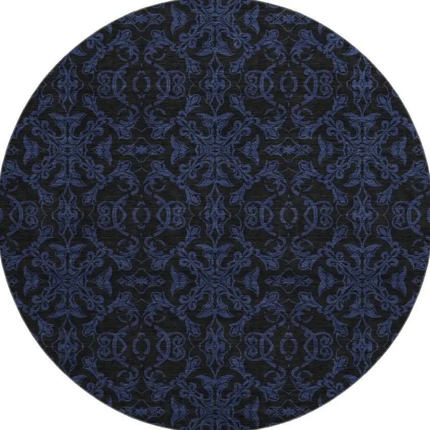 8' Blue And Charcoal Medallion Washable Round Rug With UV Protection Photo 4