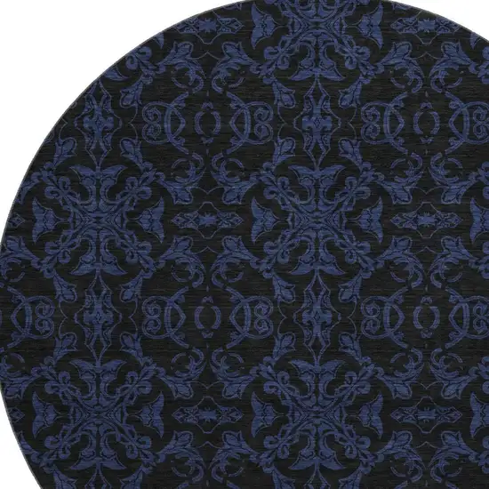8' Blue And Charcoal Medallion Washable Round Rug With UV Protection Photo 3