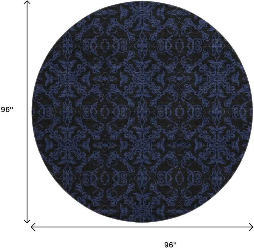 8' Blue And Charcoal Medallion Washable Round Rug With UV Protection Photo 3