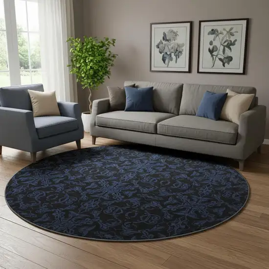 8' Blue And Charcoal Medallion Washable Round Rug With UV Protection Photo 1