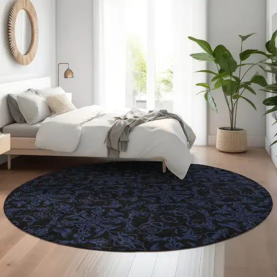 8' Blue And Charcoal Medallion Washable Round Rug With UV Protection Photo 5