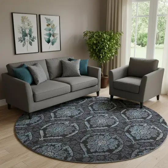 8' Blue And Charcoal Medallion Washable Round Rug With UV Protection Photo 1