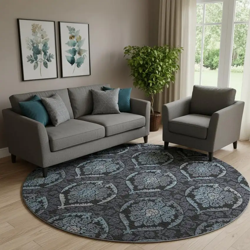 8' Blue And Charcoal Medallion Washable Round Rug With UV Protection Photo 1