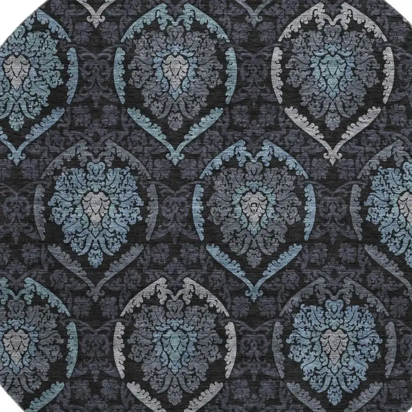 8' Blue And Charcoal Medallion Washable Round Rug With UV Protection Photo 3