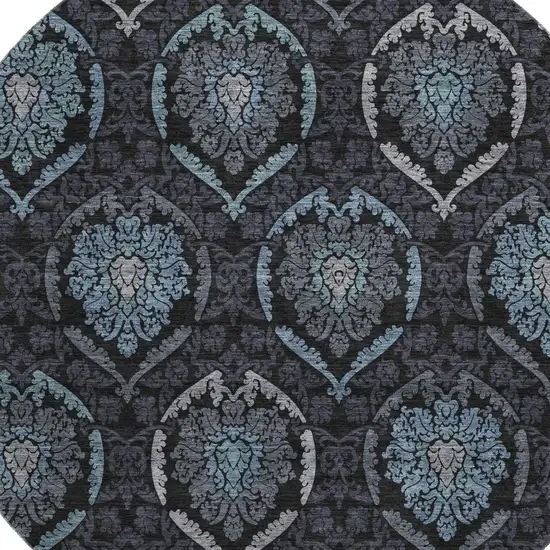 8' Blue And Charcoal Medallion Washable Round Rug With UV Protection Photo 3