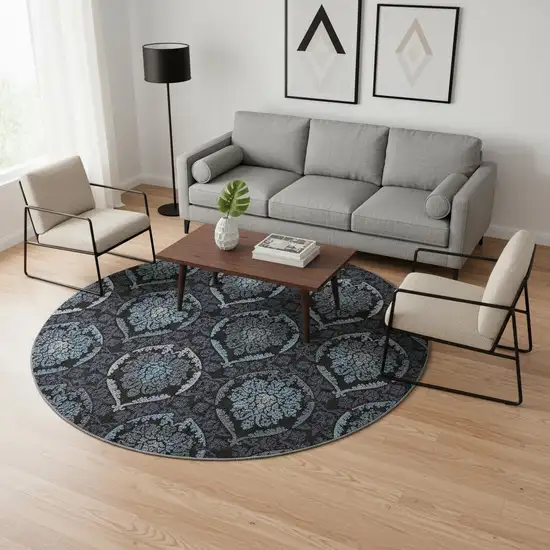 8' Blue And Charcoal Medallion Washable Round Rug With UV Protection Photo 2