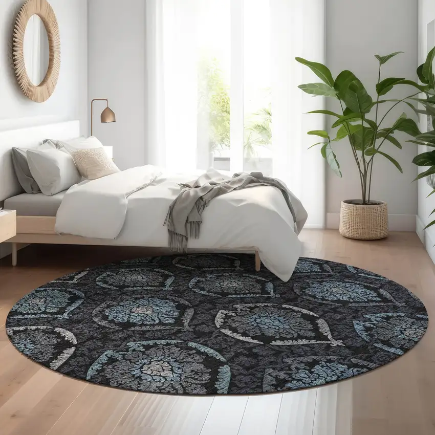 8' Blue And Charcoal Medallion Washable Round Rug With UV Protection Photo 5