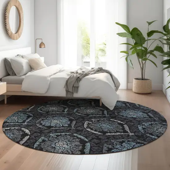 8' Blue And Charcoal Medallion Washable Round Rug With UV Protection Photo 5