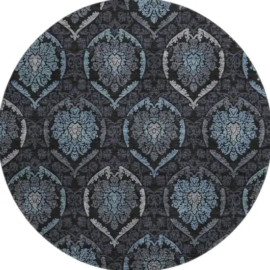 8' Blue And Charcoal Medallion Washable Round Rug With UV Protection Photo 4