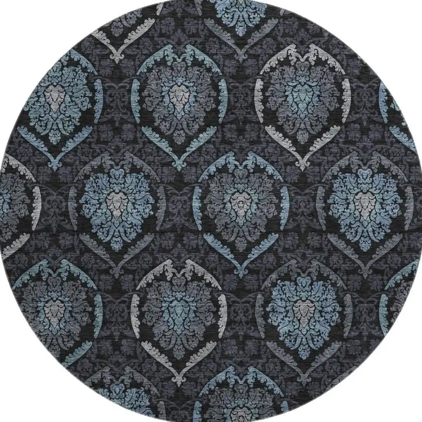 8' Blue And Charcoal Medallion Washable Round Rug With UV Protection Photo 4