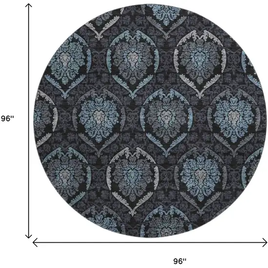 8' Blue And Charcoal Medallion Washable Round Rug With UV Protection Photo 3