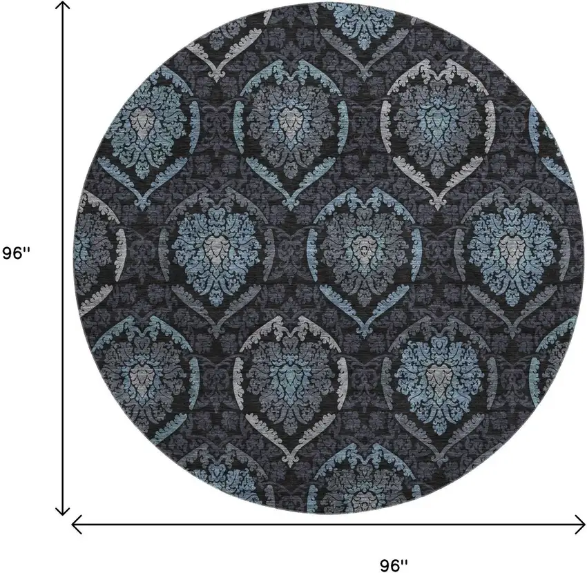 8' Blue And Charcoal Medallion Washable Round Rug With UV Protection Photo 3