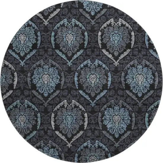 8' Blue And Charcoal Medallion Washable Round Rug With UV Protection Photo 1