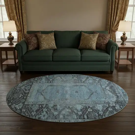 8' Blue And Charcoal Oriental Washable Round Rug With UV Protection Photo 2