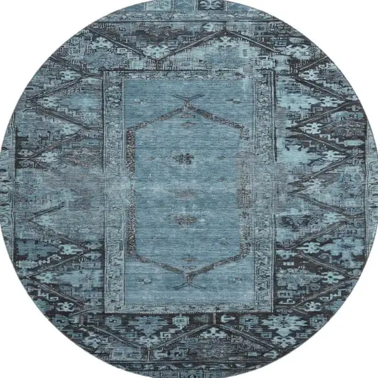 8' Blue And Charcoal Oriental Washable Round Rug With UV Protection Photo 3