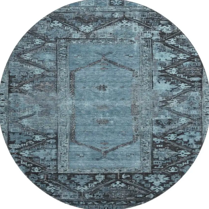 8' Blue And Charcoal Oriental Washable Round Rug With UV Protection Photo 3