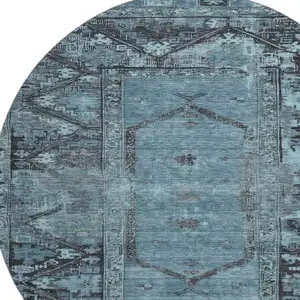 Photo of 8' Blue And Charcoal Oriental Washable Round Rug With UV Protection