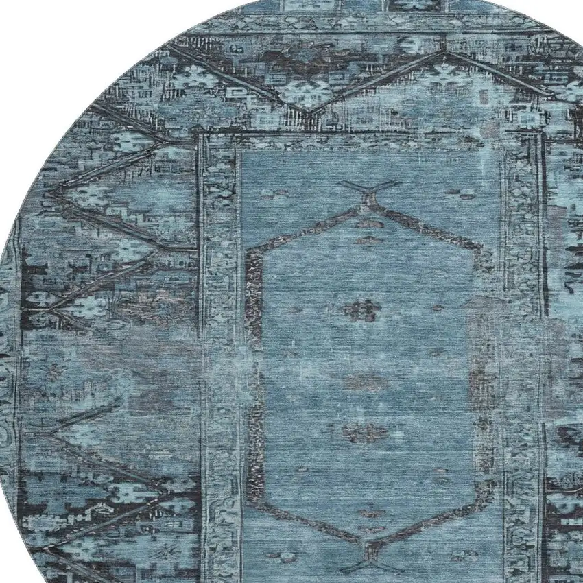 8' Blue And Charcoal Oriental Washable Round Rug With UV Protection Photo 2