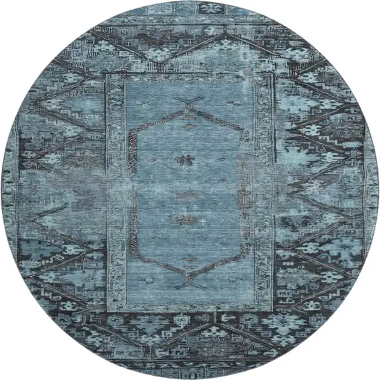 8' Blue And Charcoal Oriental Washable Round Rug With UV Protection Photo 1
