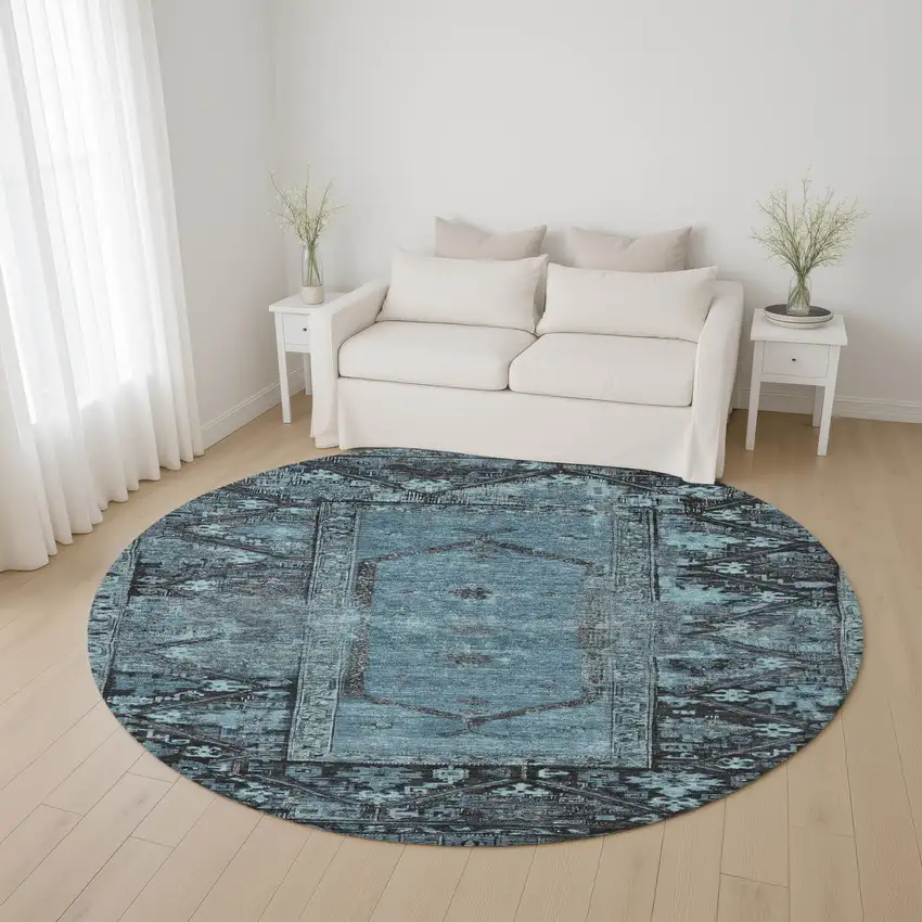 8' Blue And Charcoal Oriental Washable Round Rug With UV Protection Photo 4