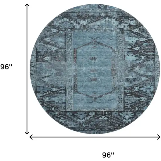 8' Blue And Charcoal Oriental Washable Round Rug With UV Protection Photo 9