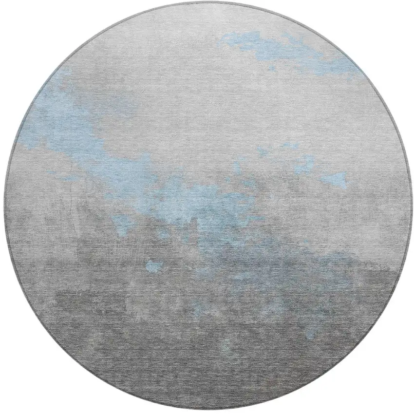 8' Blue And Charcoal Round Abstract Washable Indoor Outdoor Area Rug Photo 3