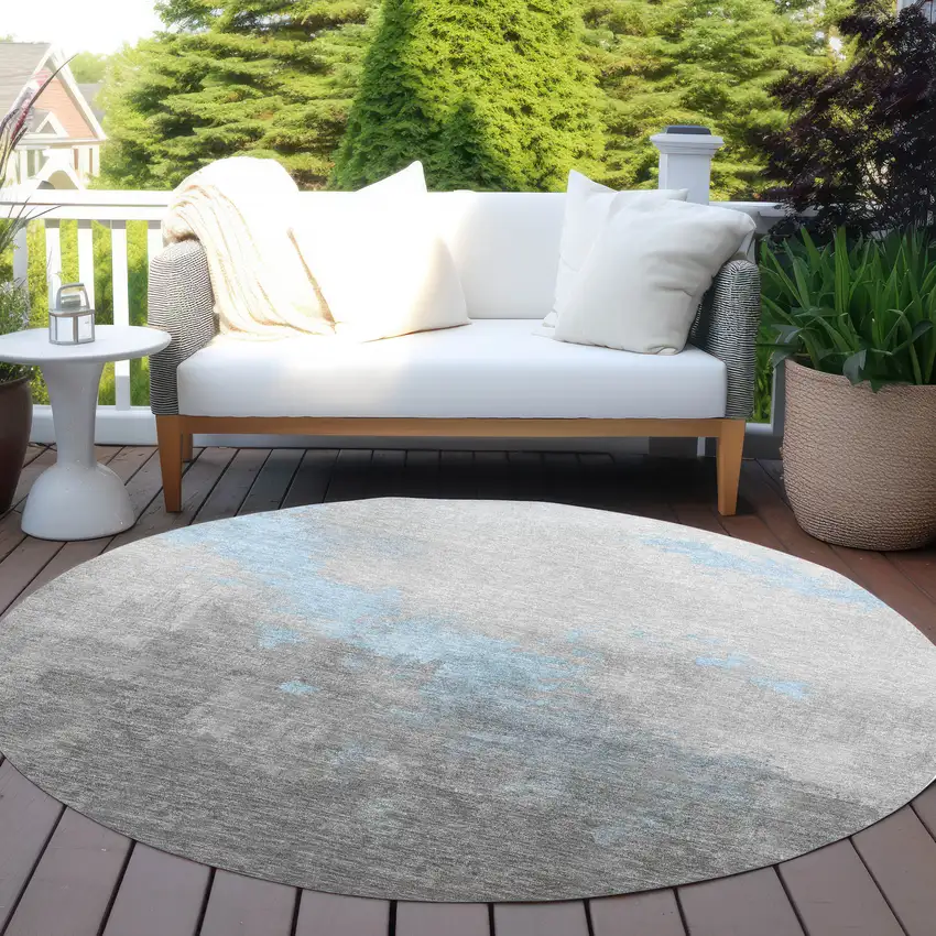 8' Blue And Charcoal Round Abstract Washable Indoor Outdoor Area Rug Photo 5