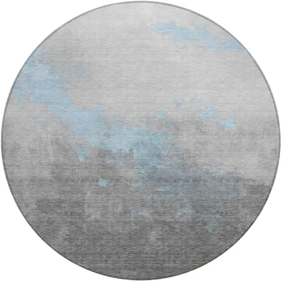8' Blue And Charcoal Round Abstract Washable Indoor Outdoor Area Rug Photo 1