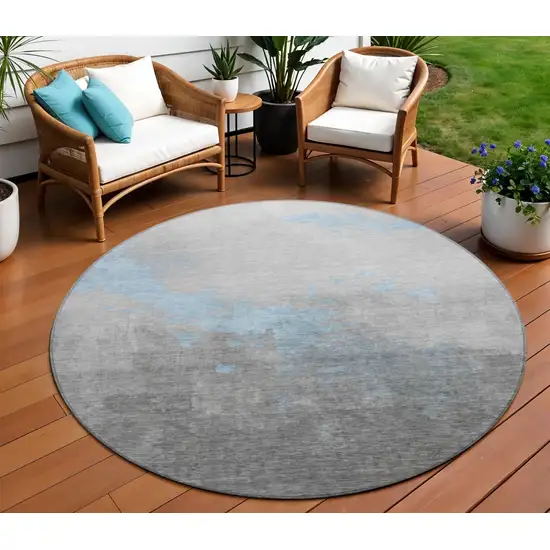 8' Blue And Charcoal Round Abstract Washable Indoor Outdoor Area Rug Photo 2
